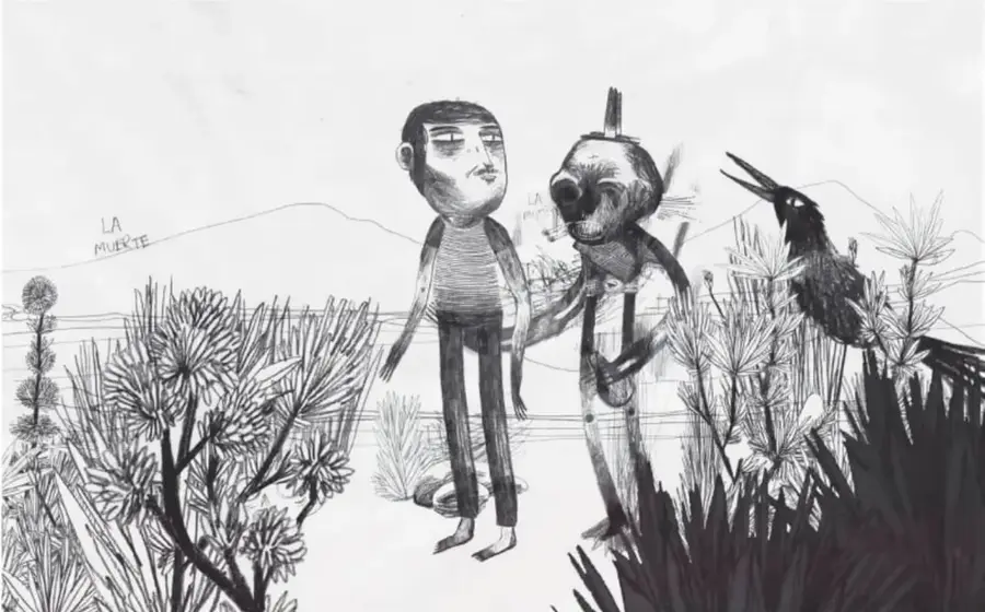 Ilustración en lápiz de un personaje con sombrero subido a una estructura entre plantas, al inicio de la narración.