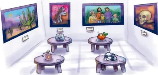 Ilustración de una sala de museo con cuadros en las paredes (cactus, rostro, familia, cráneo) y mesas redondas con objetos bajo vitrinas.