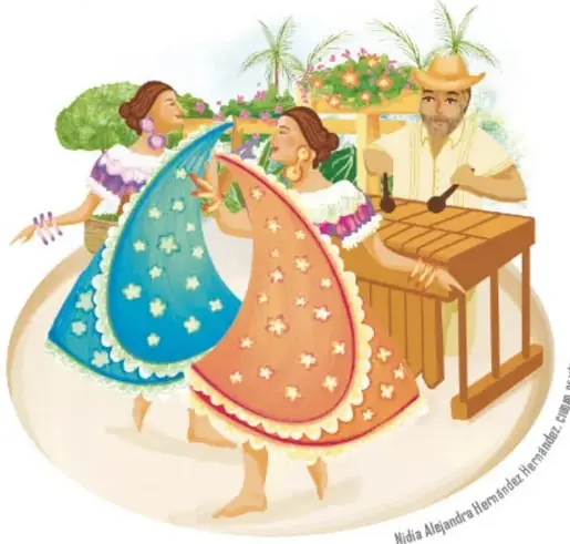 Ilustración de un joven tocando una marimba frente a una casa, mientras dos danzantes con máscaras y cuernos bailan al fondo.