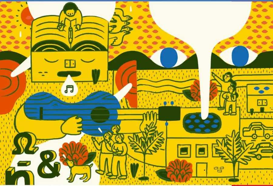 Ilustración artística de Adriana Quezada Rivas con elementos de lectura, música, símbolos tipográficos (Ω, &, ñ), casas, árboles y personajes en tonos amarillos, azules y rojos.
