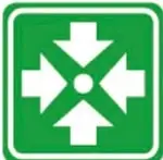 Cuadrado de fondo verde con borde blanco y cuatro flechas blancas que salen de un punto central, indicando ruta de evacuación.