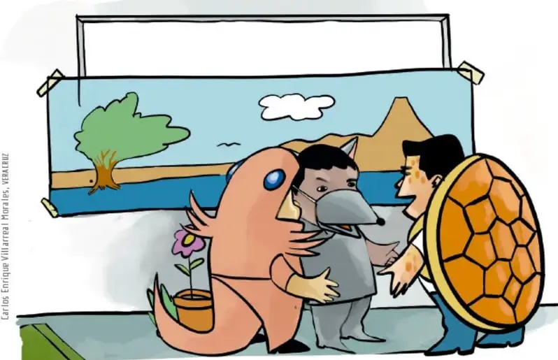Ilustración de tres niños disfrazados (una ajolota con maceta, un animal acorazado tipo tortuga y un personaje con careta) ante un telón pintado con un paisaje de árbol, nube y montaña, junto a un atril, listos para representar su obra de teatro.