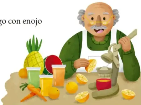 Ilustración de don Pancho, un señor mayor con delantal verde, exprimiendo naranjas junto a frutas como piña, sandía, zanahorias y vasos de jugo.