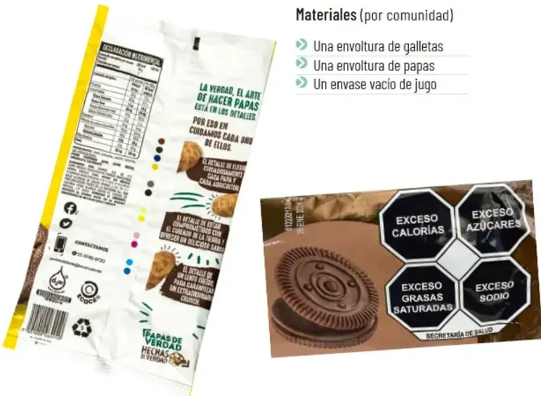 Bolsa de papas fritas con tabla de información nutrimental, leyendas sobre ingredientes y código de barras.