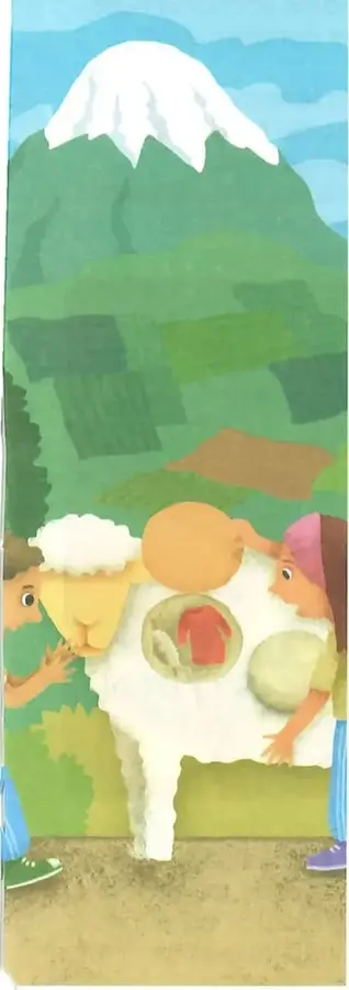 Ilustración de niños disfrazados o representando una actividad frente a un paisaje con una montaña, áreas verdes y cultivos.