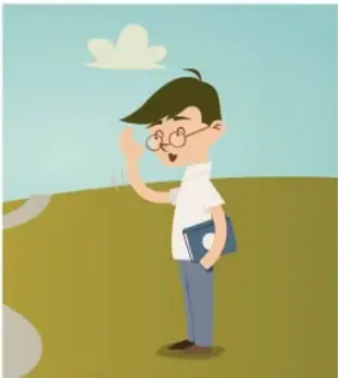 Niño con lentes, camisa blanca y pantalón azul, con mochila y libros, levanta la mano y dice ¡Vámonos!