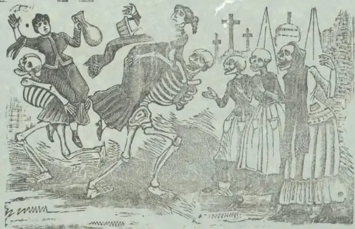 Ilustración litográfica de esqueletos vestidos de catrines y mujeres, con cruces y tumbas al fondo, propia del grabado popular de Vanegas Arroyo.