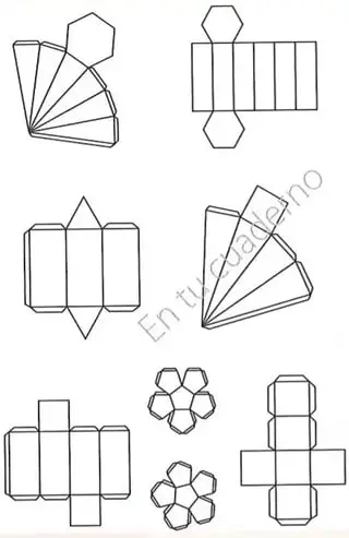 Conjunto de desarrollos planos de prismas y pirámides para colorear.