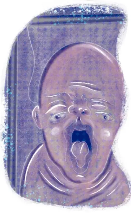 Ilustración de la cabeza de un cíclope (un solo ojo) con la boca abierta en un grito o bostezo, en tonos violeta y azul.