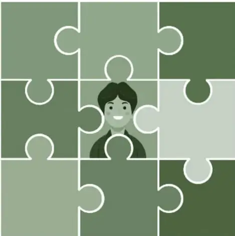 Ilustración de un niño sonriente con cabello oscuro ubicado en el centro de piezas de rompecabezas en distintos tonos verdes.