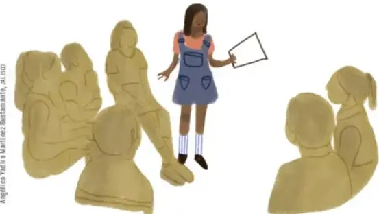 Ilustración de una niña de pie sosteniendo un cartel frente a un grupo de compañeros sentados, representando una exposición o conferencia escolar.