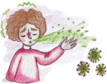 Niña tosiendo o estornudando que expulsa gotitas verdes con microbios, ilustrando la propagación por vía respiratoria.