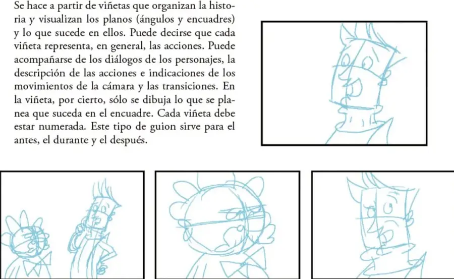 Viñeta con boceto a lápiz de un personaje sonriente, primera viñeta del storyboard.