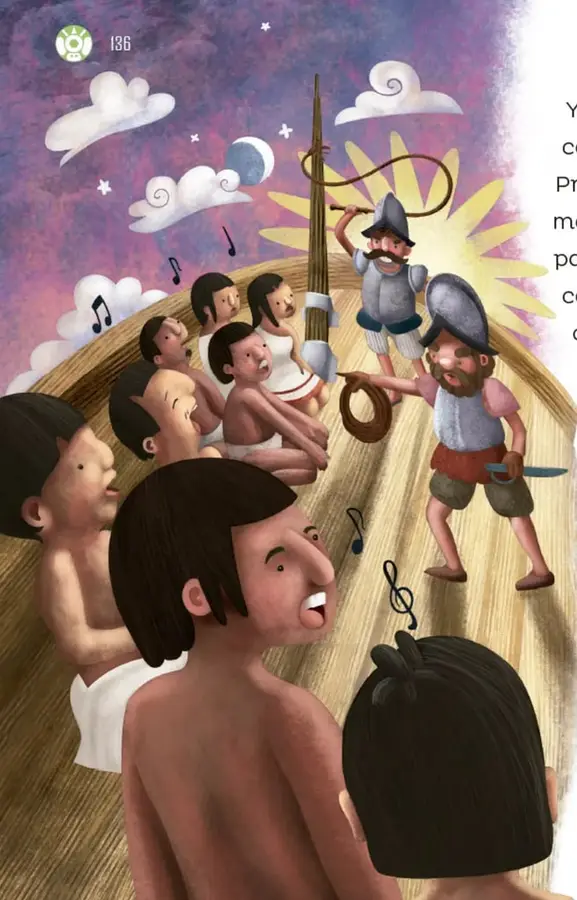 Ilustración de un navío de madera con niños y hombres cautivos cantando; un guardia con casco y látigo los amenaza. Aparecen notas musicales y un cielo con nubes y estrellas.