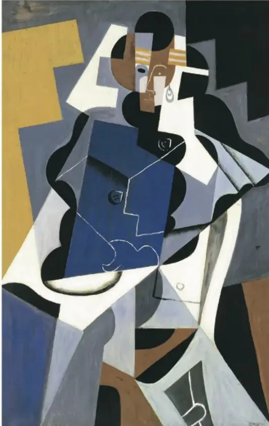 Reproducción de la obra 'Mujer sentada' (1917) de Juan Gris. Muestra una figura femenina descompuesta en planos geométricos con colores azules, blancos, negros y ocres.