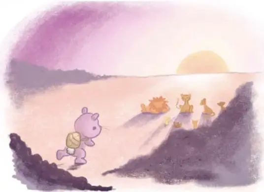 Ilustración del conejo con un costal caminando por la playa al atardecer, con un grupo de leones al fondo; crédito a Debbie Vieyra Laguna, BA en California.