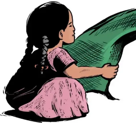 Niña pequeña de espaldas, con trenzas y vestido rosa, sosteniendo el extremo del rebozo verde que se extiende hacia la mujer.