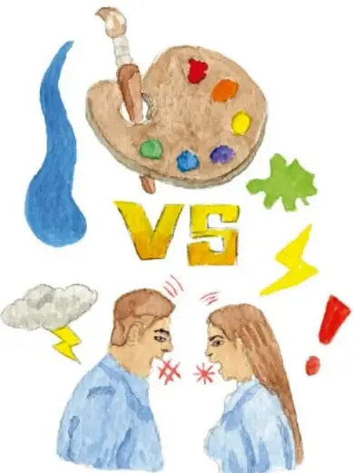 Ilustración de dos personas en discusión frente a frente con nube de tormenta y rayo, paleta de pintura con pincel, letras 'VS', manchas de pintura roja y amarilla; pies de foto: Festus, Ciudad de México.