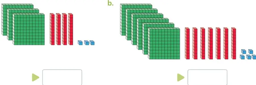 3 placas verdes de 100, 4 barras rojas de 10 y 3 cubos azules de 1, con un casillero vacío para escribir el número.