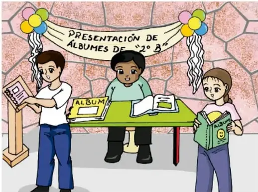 Ilustración de tres estudiantes en una mesa de exhibición con álbumes; un cartel dice «PRESENTACIÓN DE ÁLBUMES DE 2° B», con globos y un fondo de muro de piedra. Crédito: Irene Reyes Santiago, ESTADO DE MÉXICO.