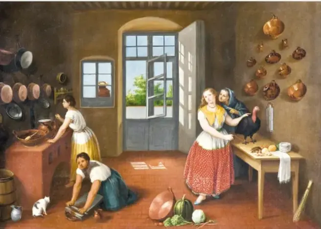 Pintura «Cocina poblana», 1865, de José Agustín Arrieta (1803-1874): una cocina con cazuelas de cobre colgadas, mujeres cocinando, un guajolote sobre la mesa y alimentos como sandías y calabazas.