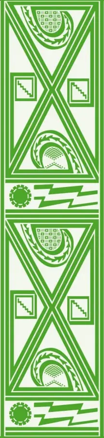 Ilustración vertical en color verde sobre fondo claro, con motivos geométricos y simbólicos de tradición mexicana (espirales, escalinatas, soles, rayos) repetida en dos registros; representa visualmente las obras comunitarias tradicionales.