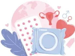 Ilustración con elementos de salud reproductiva: pastillas anticonceptivas, preservativo, útero, corazón y símbolos de género masculino y femenino.