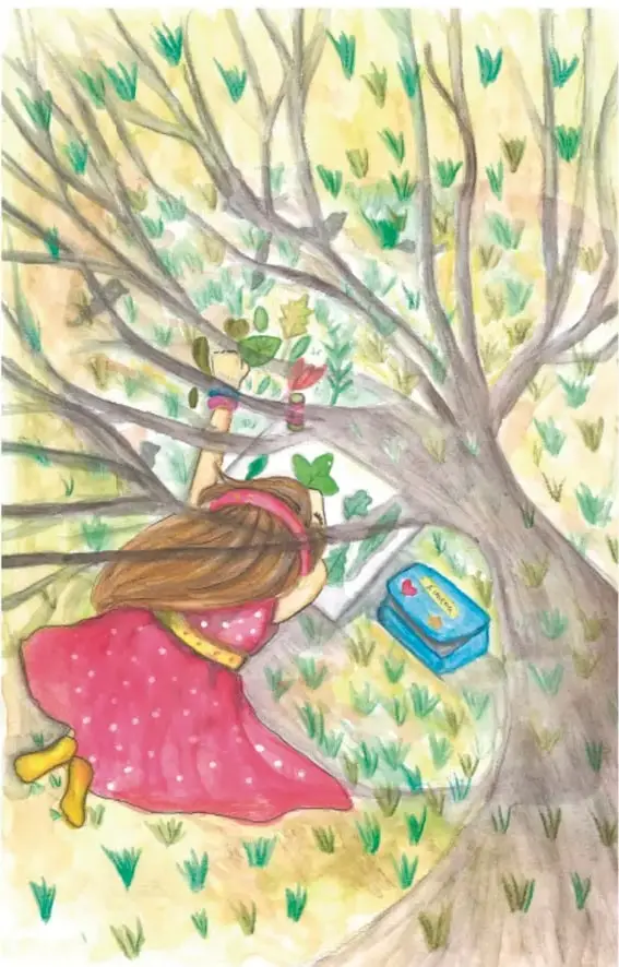Ilustración acuarela (María del Rosario Escobar García, IALisco) de una niña con vestido rojo y mochila azul que observa y dibuja un árbol en un jardín, junto a un libro.