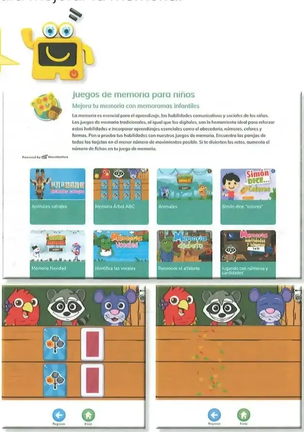 Ilustración de un robot junto a las instrucciones para ingresar al juego digital de memoria.