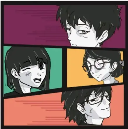 Ilustración de estilo manga con cuatro personajes en viñetas de colores (morado, verde, amarillo, naranja), representando el trazo estilizado del cómic japonés.