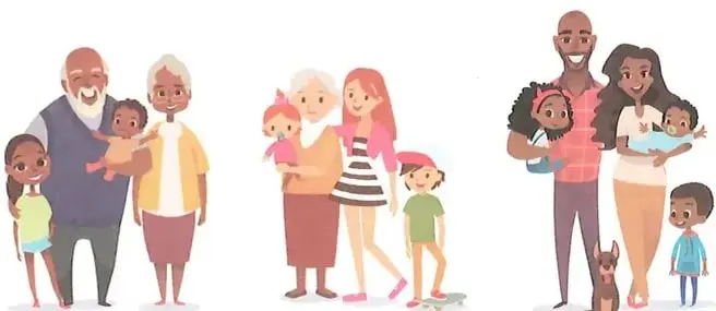 Ilustración de tres familias participantes en una rifa.