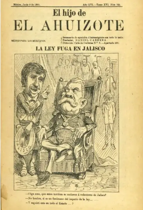 Portada del periódico histórico mexicano 'El hijo de EL AHUIZOTE', México, junio de 1901, con titular 'LA LEY FUGA EN JALISCO' y caricatura política sobre la ley fuga en Jalisco.