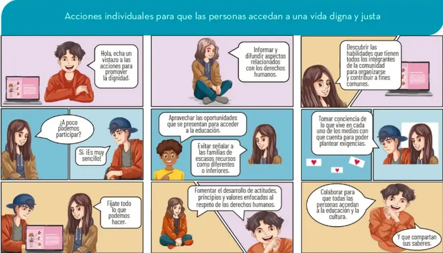 Infografía con nueve viñetas que muestran acciones individuales: informarse, difundir derechos, descubrir habilidades, participar, aprovechar la educación, evitar señalar a familias de escasos recursos, tomar conciencia, fomentar valores y colaborar en educación y cultura.