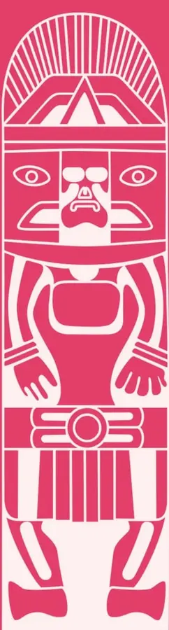 Ilustración estilizada en color rosa y blanco que representa una figura humana o deidad con tocado radiado, rostro con ojos grandes, brazos extendidos y faldón con franjas verticales, de estilo geométrico prehispánico.