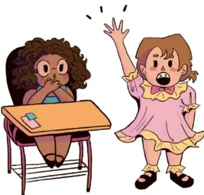 Ilustración de una niña sentada a su pupitre y otra de pie levantando la mano e interrumpiendo, junto al pie de foto 'Paloma Sirani Zataray Mora, MICHOACÁN'.