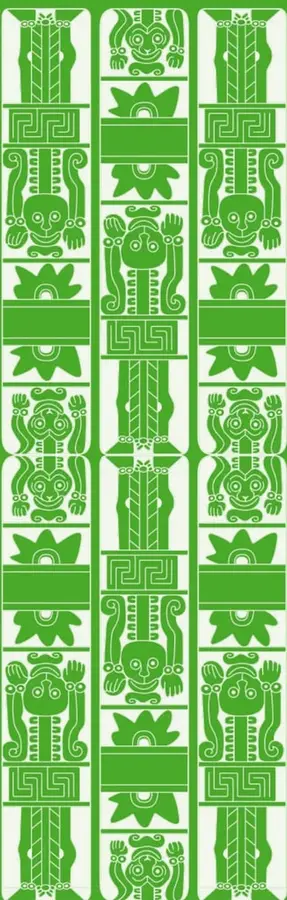 Tres columnas verticales en verde con motivos estilizados de tradición indígena mesoamericana: figuras antropomorfas, plantas y grecas geométricas.