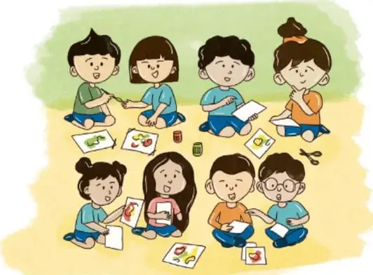 Ilustración de un grupo de niños sentados en el piso trabajando con dibujos, tijeras y colores, colaborando en equipo. Crédito: Gimenna Schiaffini Rosales, PUEBLA.