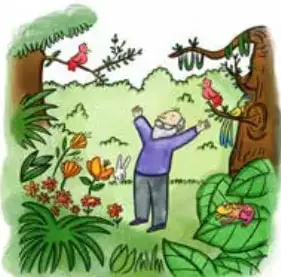 Ilustración de un jardín soñado con un niño de brazos abiertos, árboles, flores, un ave roja posada en una rama y una serpiente verde entre las plantas.