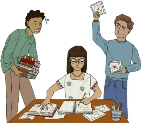 Ilustración de tres estudiantes trabajando: uno carga libros, otro sostiene tarjetas y una estudiante escribe en una mesa con materiales. Crédito: Rodrigo Alejandro García Lara, Ciudad de México.
