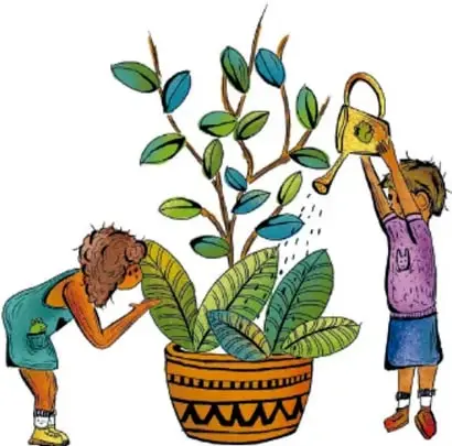 Ilustración de dos niños regando y observando una planta grande en una maceta decorada. Crédito: Luis Fernando Sotelo Gaspar, Querétaro.