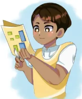 Ilustración de un niño sosteniendo y revisando un tríptico.