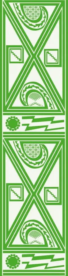 Franja vertical verde con un diseño geométrico de línea blanca: triángulos entrelazados, círculos con motivo de escritura maya, escalerillas, engranajes y rayos, de estética mesoamericana moderna.