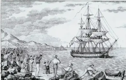 Grabado de un barco y personas en la costa, alusivo a la expedición de Balmis.