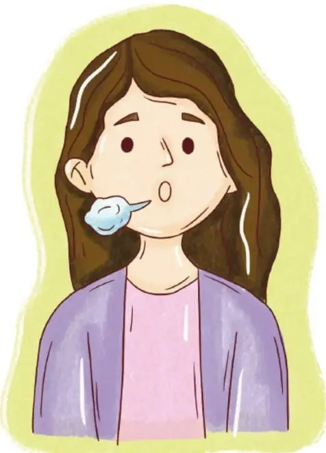 Ilustración de la misma niña con la boca abierta formando una 'o', espirando una nube de aire, sobre fondo verde claro.