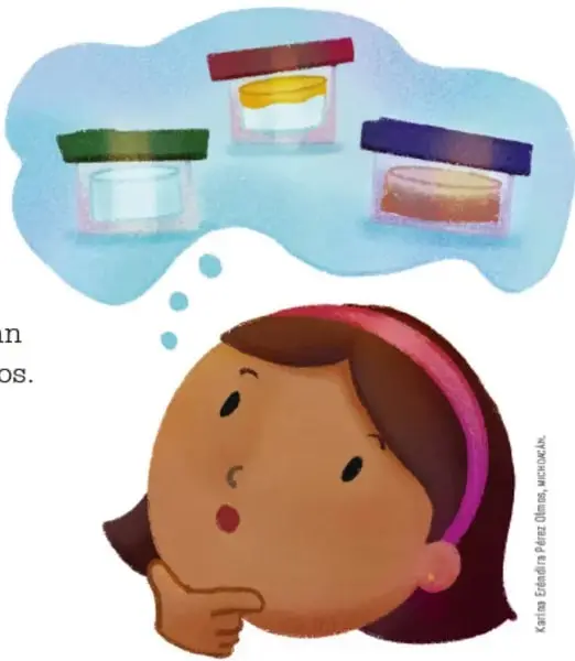 Ilustración de una niña pensativa con frascos de diferentes colores.