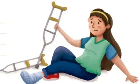 Ilustración de una niña sentada en el suelo con una pierna lastimada y muletas a su lado, con gesto de dolor o preocupación.