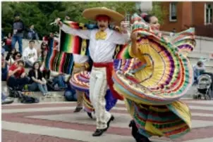 Fotografía de personas bailando danza folclórica con faldas largas y coloridas, etiquetada 'Danza'.