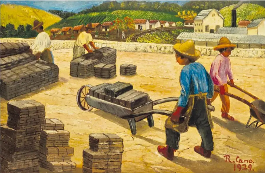 Pintura 'En Veracruz aprendimos a hacer adobes', 1929. Muestra a trabajadores elaborando adobes al aire libre, con carretillas y pilas de adobes secándose. Al fondo, paisaje rural con casas y colinas.