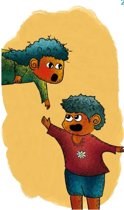 Ilustración de dos niños: uno asomado desde arriba con expresión de sorpresa y otro de pie con los brazos abiertos y gesto de enojo o reclamo.