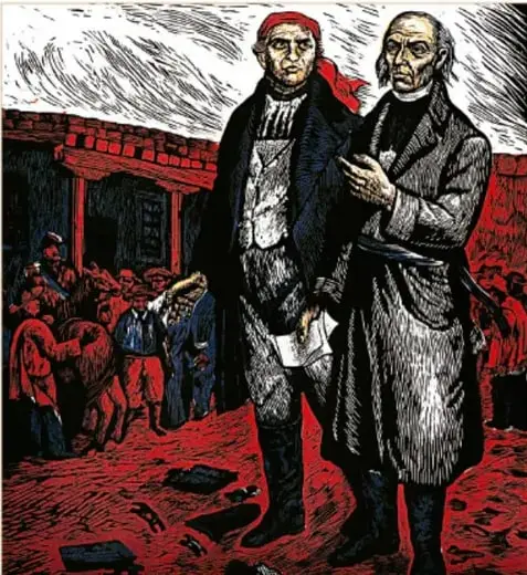 Grabado en linóleo a tres tintas de Adolfo Mexiac titulado 'Morelos e Hidalgo': dos figuras de pie, una con gorro rojo (Hidalgo) y otra con sotana (Morelos), ante un grupo de personas en un paisaje rojo y negro.